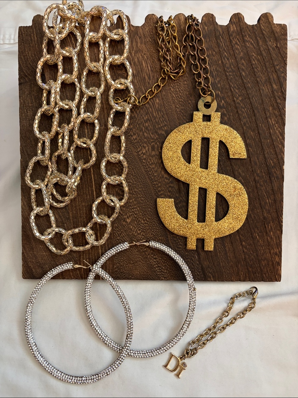 Halloween Bling - Gold Dollar Sign Necklace, Chain, and Huge Hoops